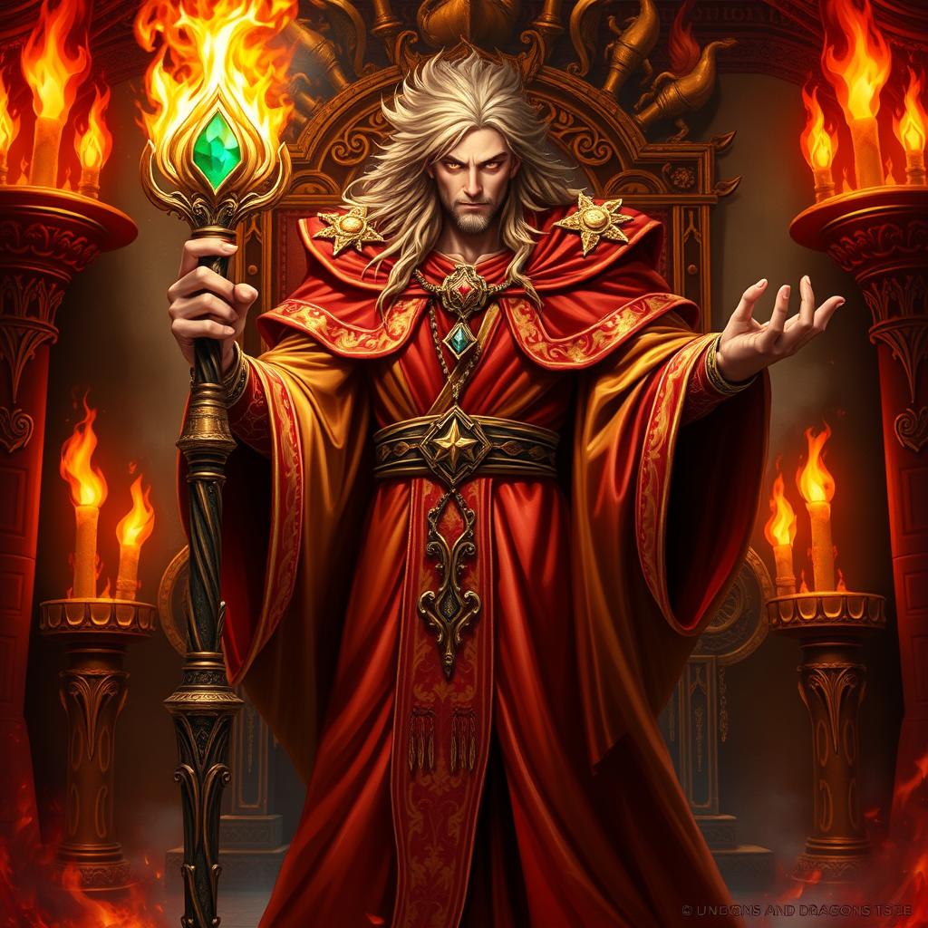 A male wizard character from Dungeons & Dragons, styled as a powerful King of Fire
