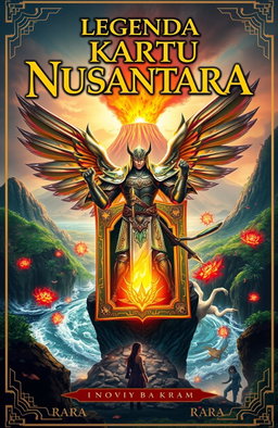 A fantasy book cover for 'Legenda Kartu Nusantara', featuring a mystical, ancient card glowing with magical energy at the center