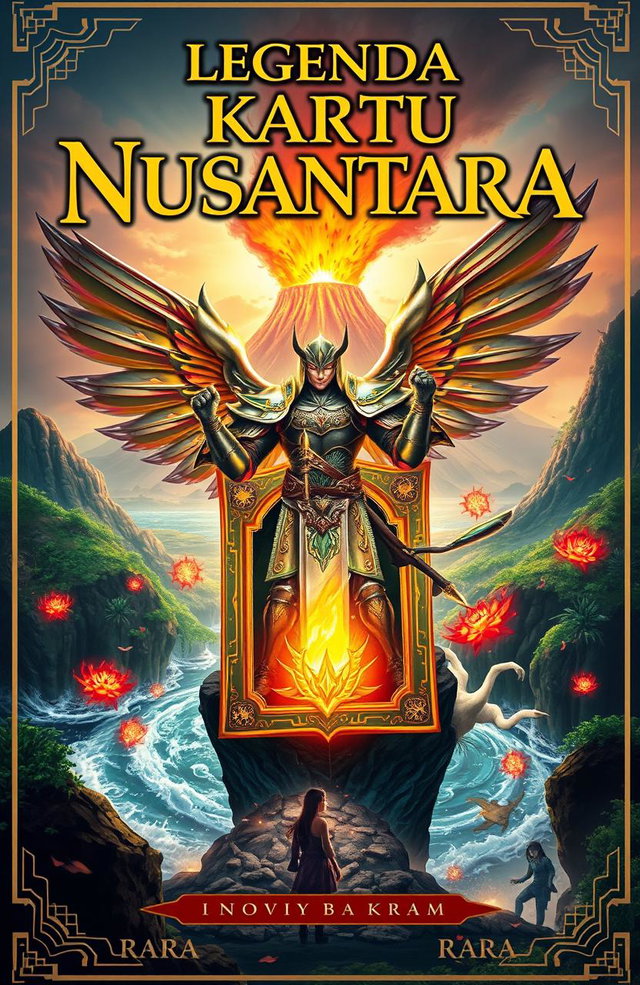 A fantasy book cover for 'Legenda Kartu Nusantara', featuring a mystical, ancient card glowing with magical energy at the center