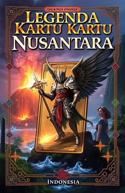 A fantasy book cover for 'Legenda Kartu Nusantara', featuring a mystical, ancient card glowing with magical energy at the center