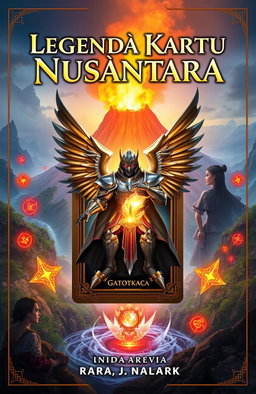 A fantasy book cover for 'Legenda Kartu Nusantara', featuring a mystical, ancient card glowing with magical energy at the center