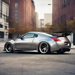 A Nissan 350Z with oversized wheels and an impressive spoiler attached to its back, enhancing its sporty appearance.