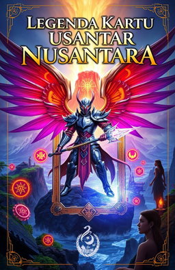 A fantasy book cover for 'Legenda Kartu Nusantara', featuring a mystical, ancient card glowing with magical energy at the center