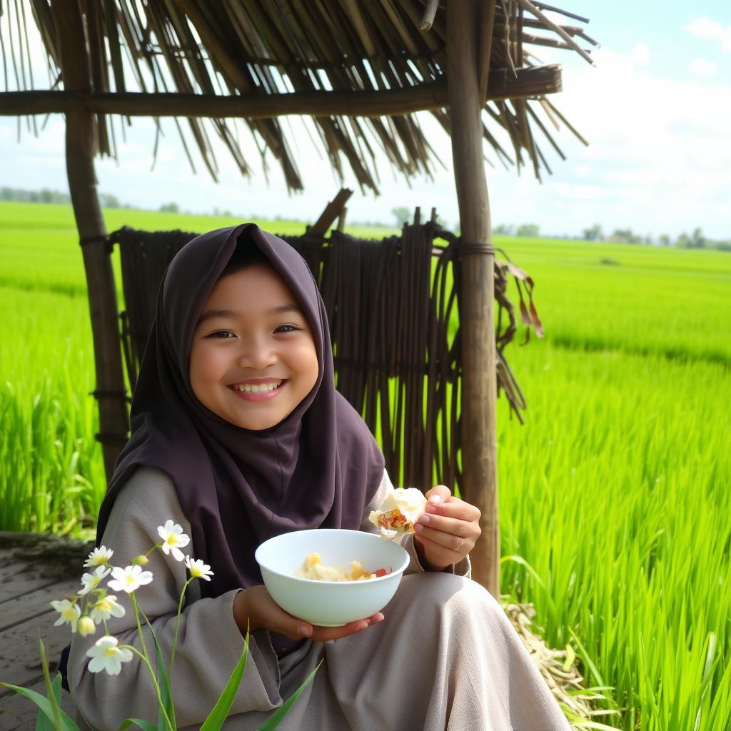 A joyful young girl wearing a jilbab, happily eating in a traditional shelter (pondok) surrounded by lush green rice paddies
