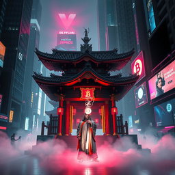 An immersive cyberpunk scene set in a dark city, featuring a traditional Japanese shrine illuminated by neon lights