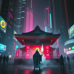 An immersive cyberpunk scene set in a dark city, featuring a traditional Japanese shrine illuminated by neon lights