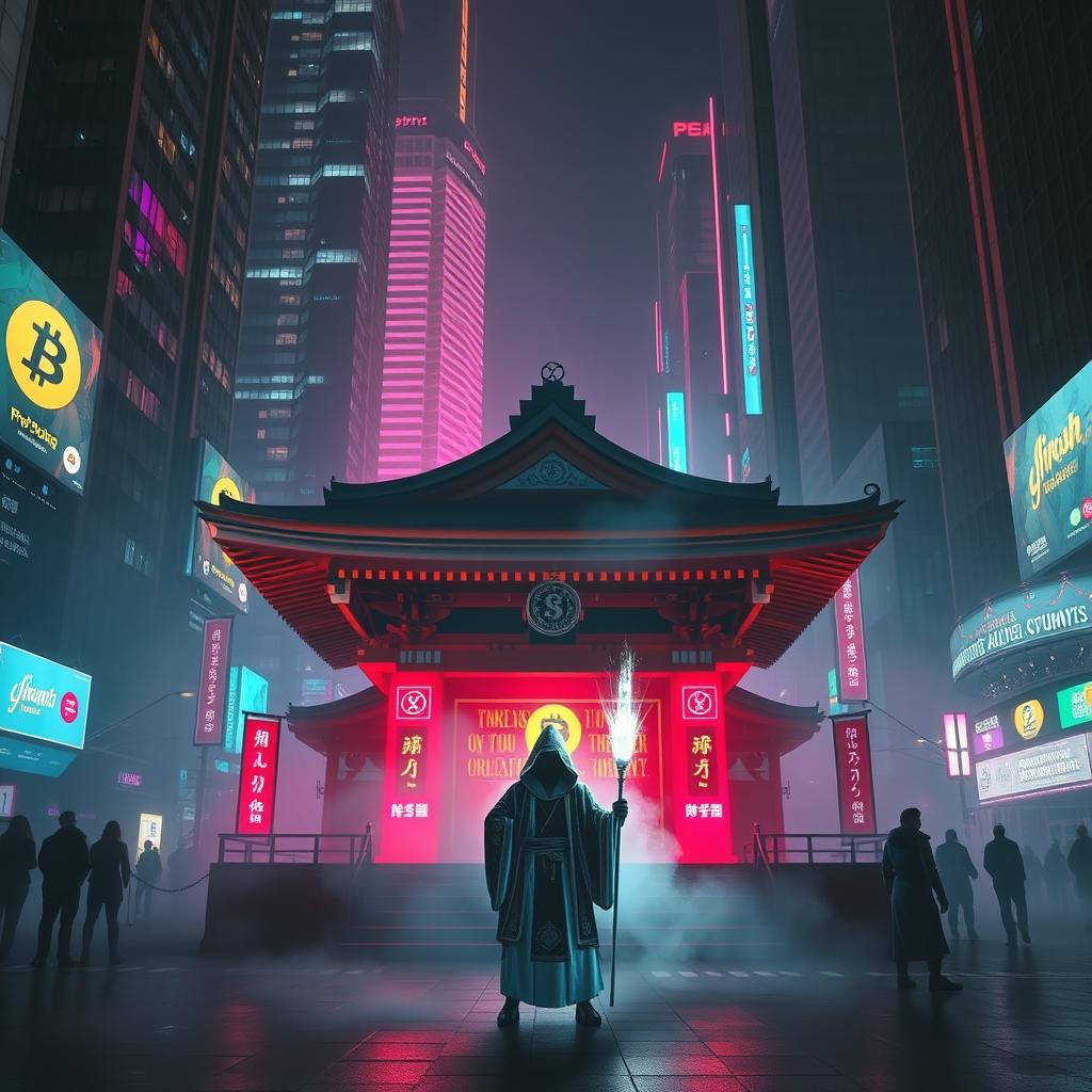 An immersive cyberpunk scene set in a dark city, featuring a traditional Japanese shrine illuminated by neon lights