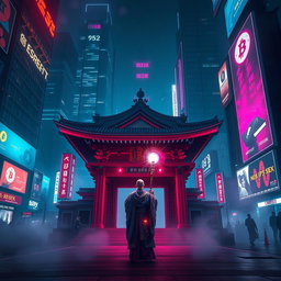 An immersive cyberpunk scene set in a dark city, featuring a traditional Japanese shrine illuminated by neon lights
