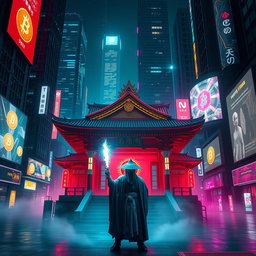 An immersive cyberpunk scene set in a dark city, featuring a traditional Japanese shrine illuminated by neon lights