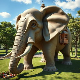 A realistic elephant-shaped house, intricately designed to resemble a lifelike elephant complete with textured skin, large expressive eyes, and naturalistic features