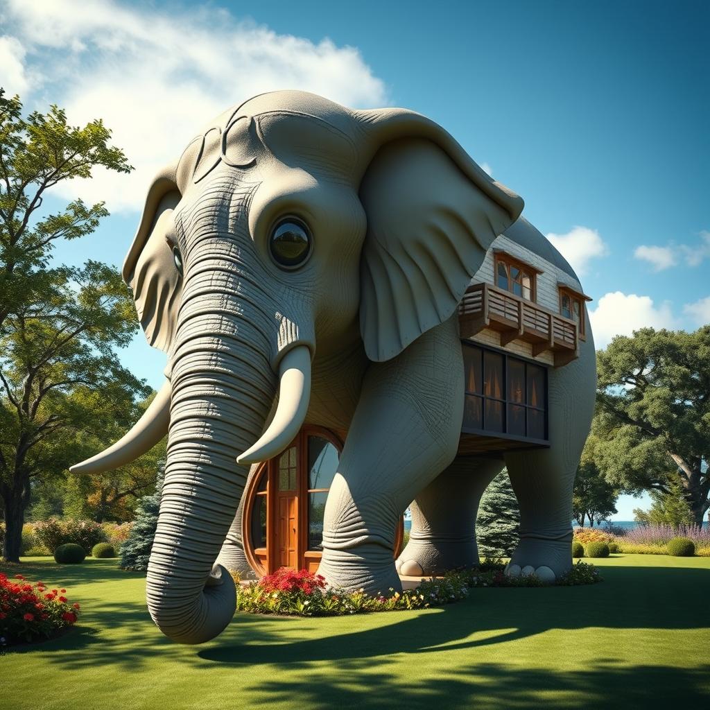 A realistic elephant-shaped house, intricately designed to resemble a lifelike elephant complete with textured skin, large expressive eyes, and naturalistic features