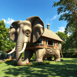 A realistic elephant-shaped house, intricately designed to resemble a lifelike elephant complete with textured skin, large expressive eyes, and naturalistic features