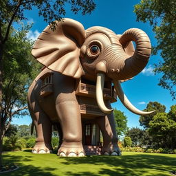 A realistic elephant-shaped house, intricately designed to resemble a lifelike elephant complete with textured skin, large expressive eyes, and naturalistic features