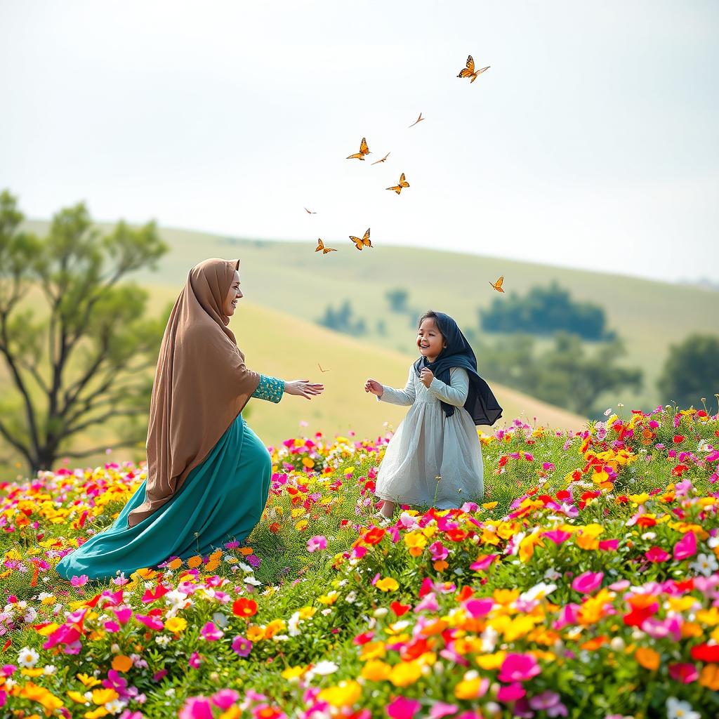 A serene scene of a woman wearing a long jilbab and niqab joyfully playing with a 5-year-old girl on a hill covered with beautiful flowers