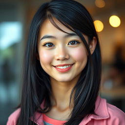 A portrait of a 17-year-old girl with fair skin and long black hair, styled beautifully