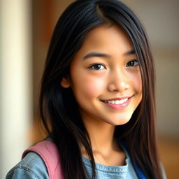 A portrait of a 17-year-old girl with fair skin and long black hair, styled beautifully