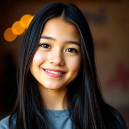 A portrait of a 17-year-old girl with fair skin and long black hair, styled beautifully