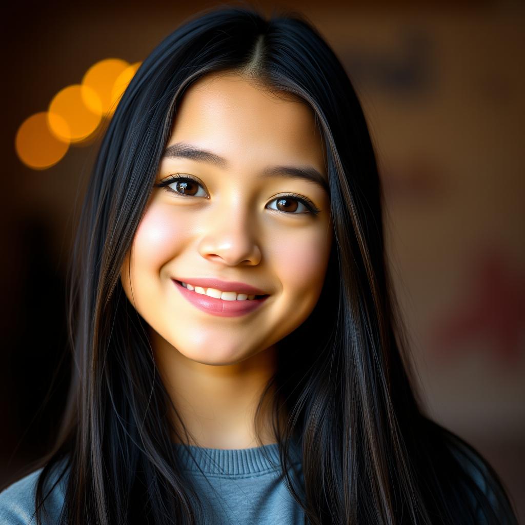 A portrait of a 17-year-old girl with fair skin and long black hair, styled beautifully