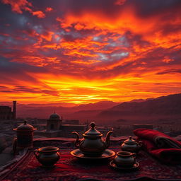 A dramatic scene depicting a vibrant sunset over Iran, highlighting the silhouette of historic architecture and the rugged landscape