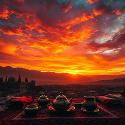 A dramatic scene depicting a vibrant sunset over Iran, highlighting the silhouette of historic architecture and the rugged landscape