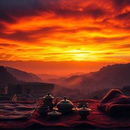 A dramatic scene depicting a vibrant sunset over Iran, highlighting the silhouette of historic architecture and the rugged landscape