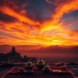 A dramatic scene depicting a vibrant sunset over Iran, highlighting the silhouette of historic architecture and the rugged landscape