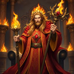 A male wizard character from Dungeons & Dragons, styled as a noble King of Fire