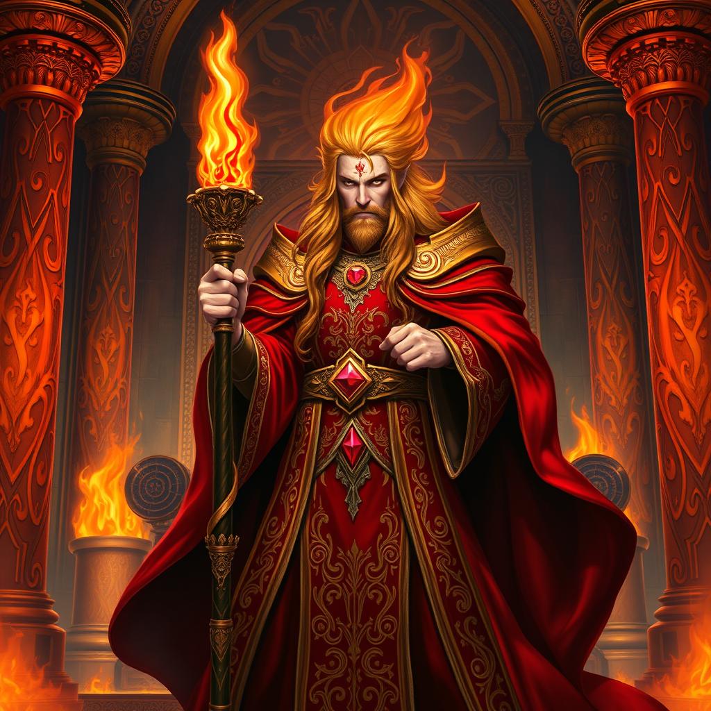 A male wizard character from Dungeons & Dragons, styled as a noble King of Fire