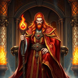 A male wizard character from Dungeons & Dragons, styled as a noble King of Fire