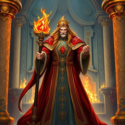 A male wizard character from Dungeons & Dragons, styled as a noble King of Fire