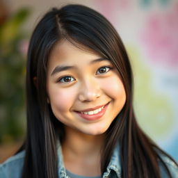 A portrait of a 17-year-old girl with fair skin and long, straight black hair