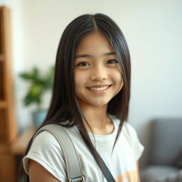 A portrait of a 17-year-old girl with fair skin and long, straight black hair