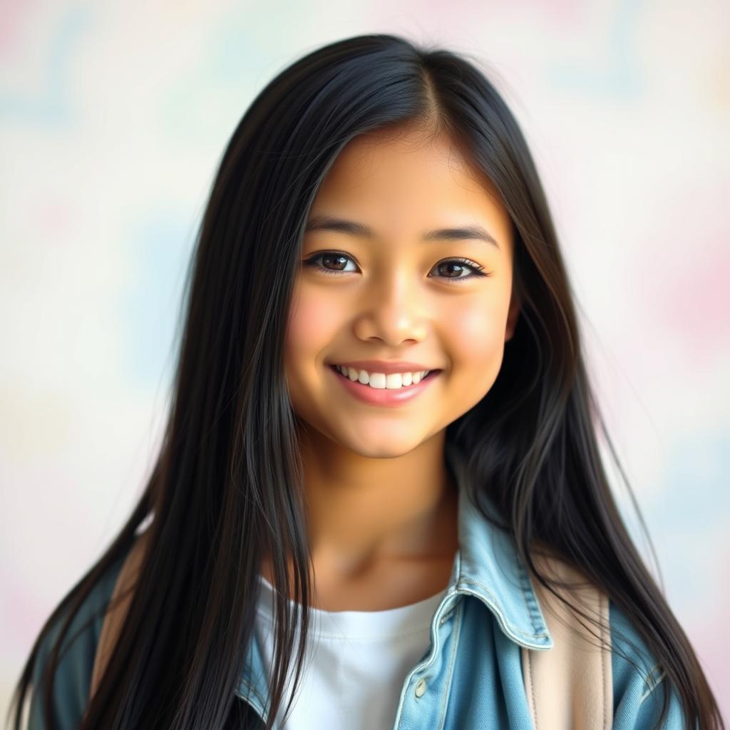 A portrait of a 17-year-old girl with fair skin and long, straight black hair