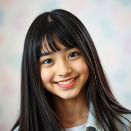 A portrait of a 17-year-old girl with fair skin and long, straight black hair