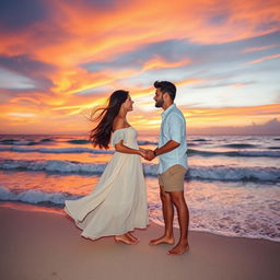 A romantic and intimate scene featuring a couple, Astri and Akbar, standing on a beautiful beach during sunset