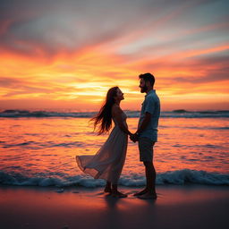 A romantic and intimate scene featuring a couple, Astri and Akbar, standing on a beautiful beach during sunset
