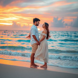 A romantic and intimate scene featuring a couple, Astri and Akbar, standing on a beautiful beach during sunset