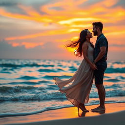A romantic and intimate scene featuring a couple, Astri and Akbar, standing on a beautiful beach during sunset
