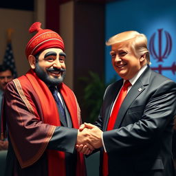 A hyper-realistic depiction of Donald Trump shaking hands with Amir Pourang, a popular Iranian character