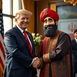 A hyper-realistic depiction of Donald Trump shaking hands with Amir Pourang, a popular Iranian character