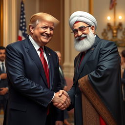 A hyper-realistic depiction of Donald Trump shaking hands with Amir Pourang, a popular Iranian character