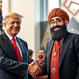 A hyper-realistic depiction of Donald Trump shaking hands with Amir Pourang, a popular Iranian character