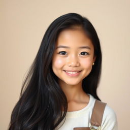 A portrait of a 17-year-old girl with fair skin and long black hair