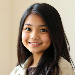 A portrait of a 17-year-old girl with fair skin and long black hair