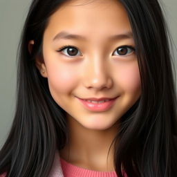 A portrait of a 17-year-old girl with fair skin and long black hair