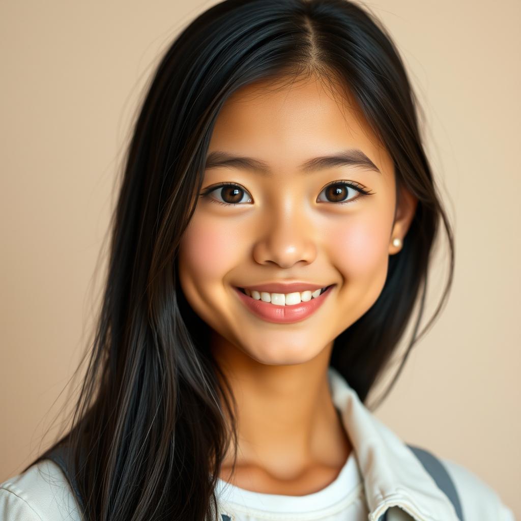 A portrait of a 17-year-old girl with fair skin and long black hair