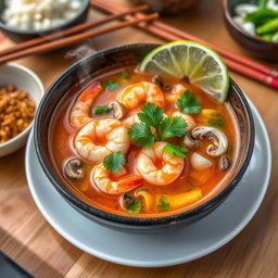 A beautifully arranged plate of Tom Yum soup, showcasing its vibrant colors and fresh ingredients