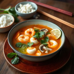 A beautifully arranged plate of Tom Yum soup, showcasing its vibrant colors and fresh ingredients