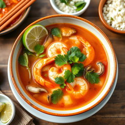 A beautifully arranged plate of Tom Yum soup, showcasing its vibrant colors and fresh ingredients