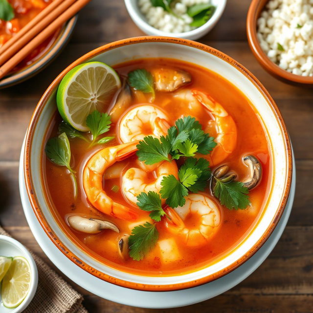 A beautifully arranged plate of Tom Yum soup, showcasing its vibrant colors and fresh ingredients